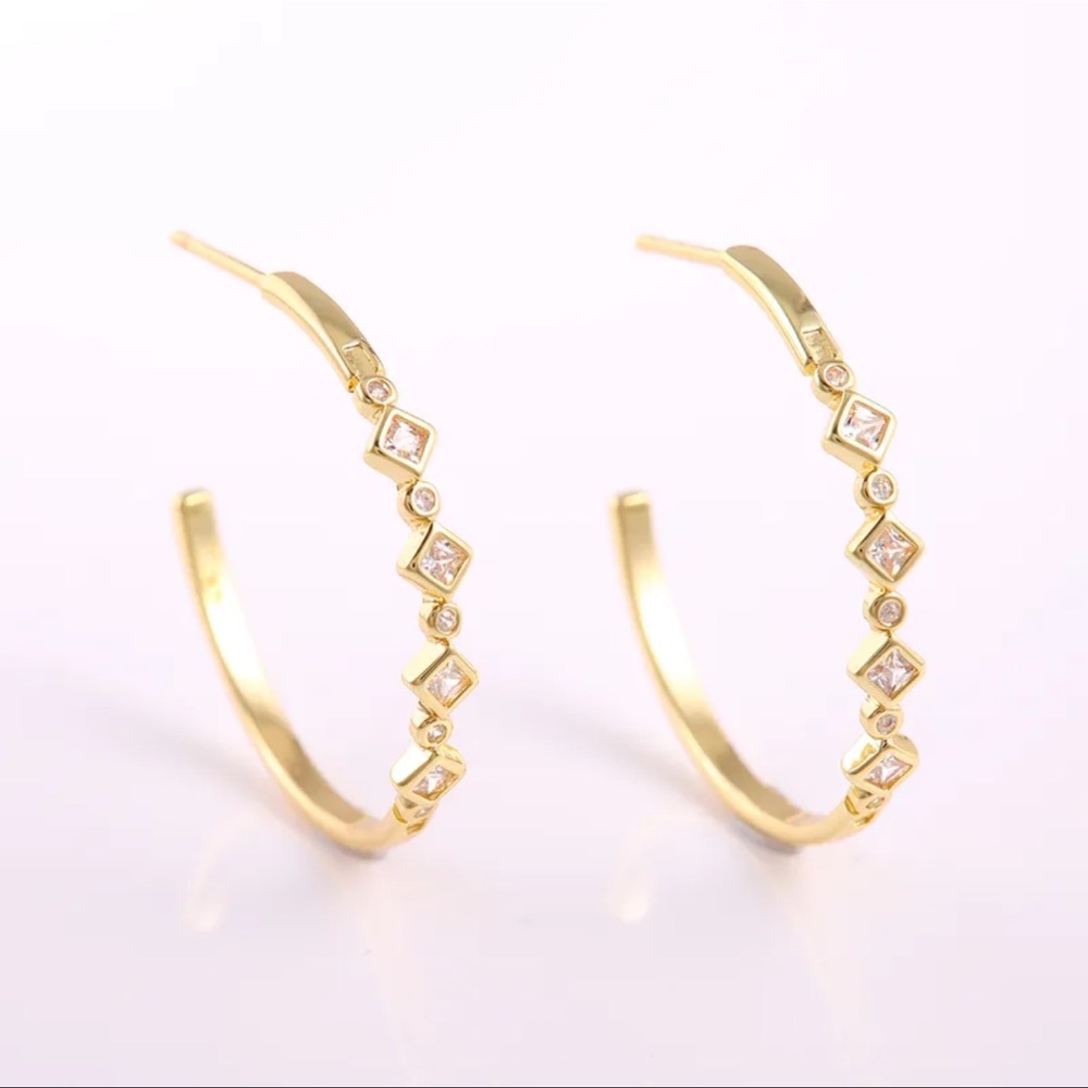 Gold Square Hoop Earrings with Zircons